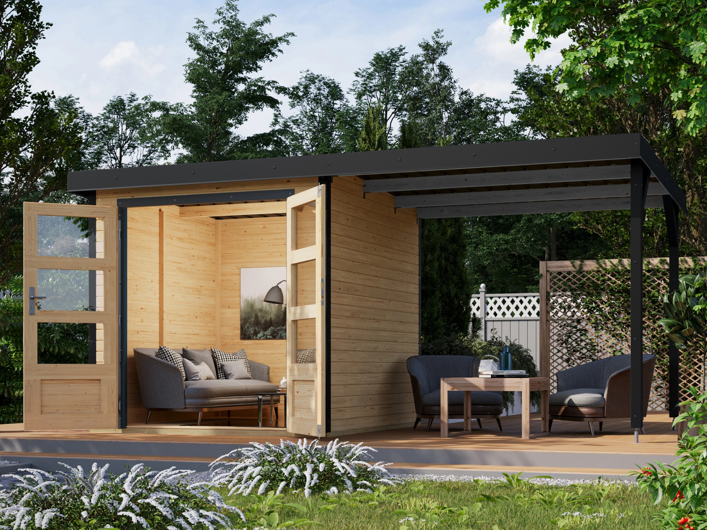 Karibu Gartenhaus Set Ernesto A Naturbelassen-Anthrazit mit Anbaudach 4,45 m²